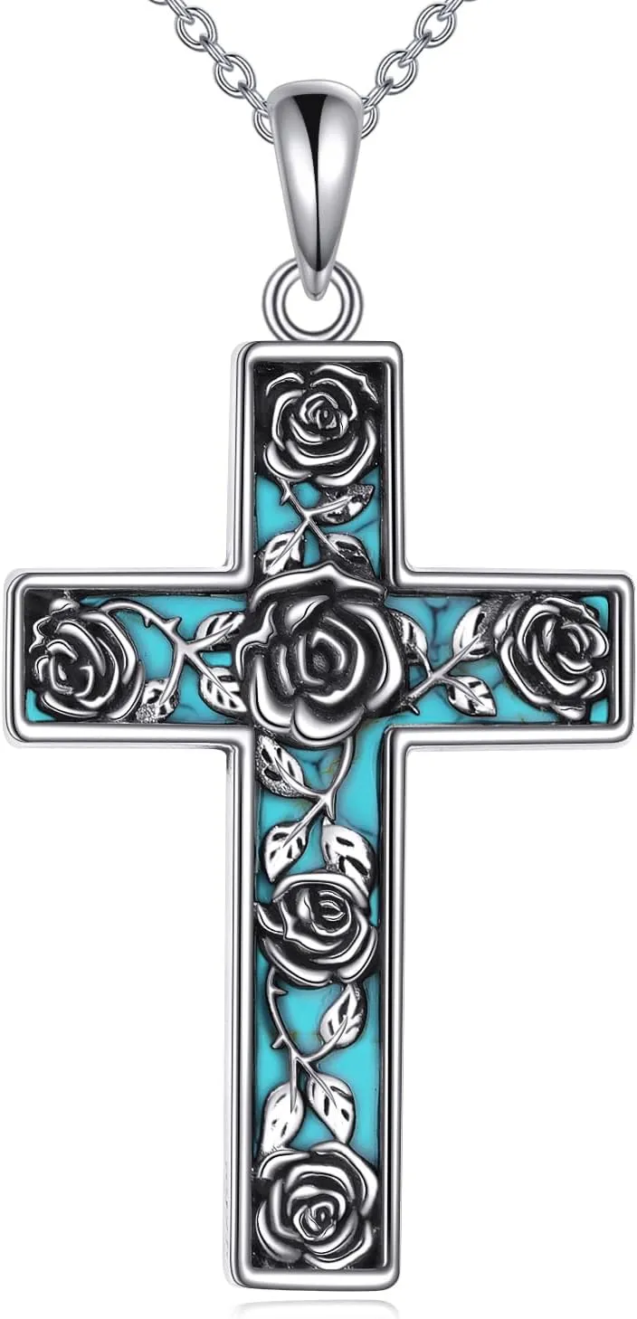 Turquoise Cross Necklace for Men Women S925 Sterling Silver Turquoise Pendant Necklaces Cross Jewelry Gifts