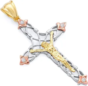 TWJC 14k REAL Tri Color Gold CZ Religious Crucifix Jesus Cross Charm Pendant