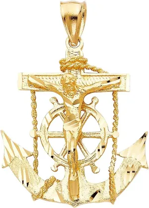 TWJC 14k REAL Yellow Gold Mariner Religious Crucifix Jesus Cross Charm Pendant