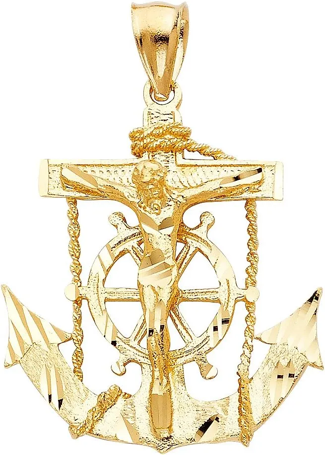 TWJC 14k REAL Yellow Gold Mariner Religious Crucifix Jesus Cross Charm Pendant