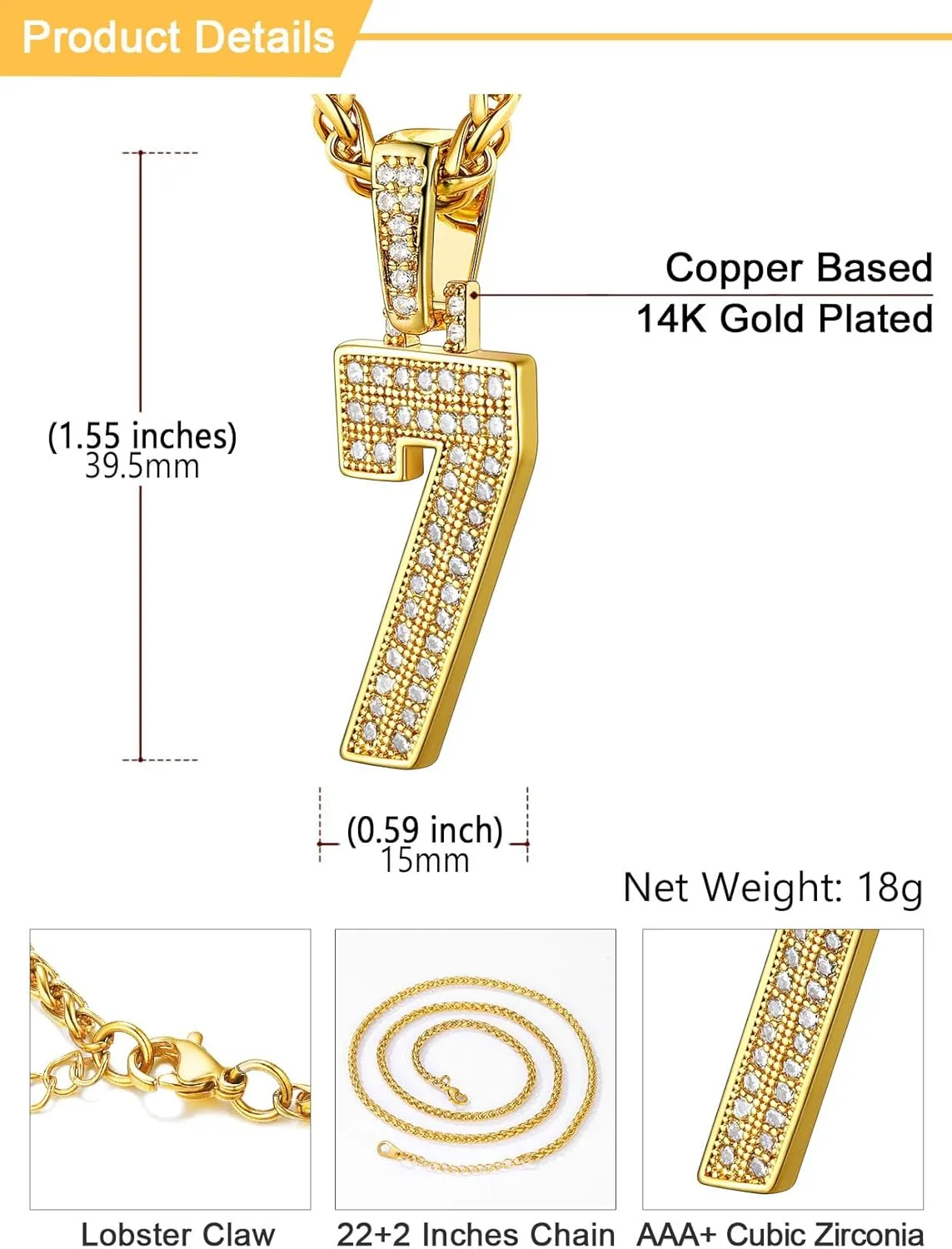 U7 Initial Number Necklace for Men Women, 18K Gold Plated Bling CZ Iced Out Hip Hop Jersey Number Pendant A-Z 26 Letter Necklace, Number 0-9 Pendants with Chain
