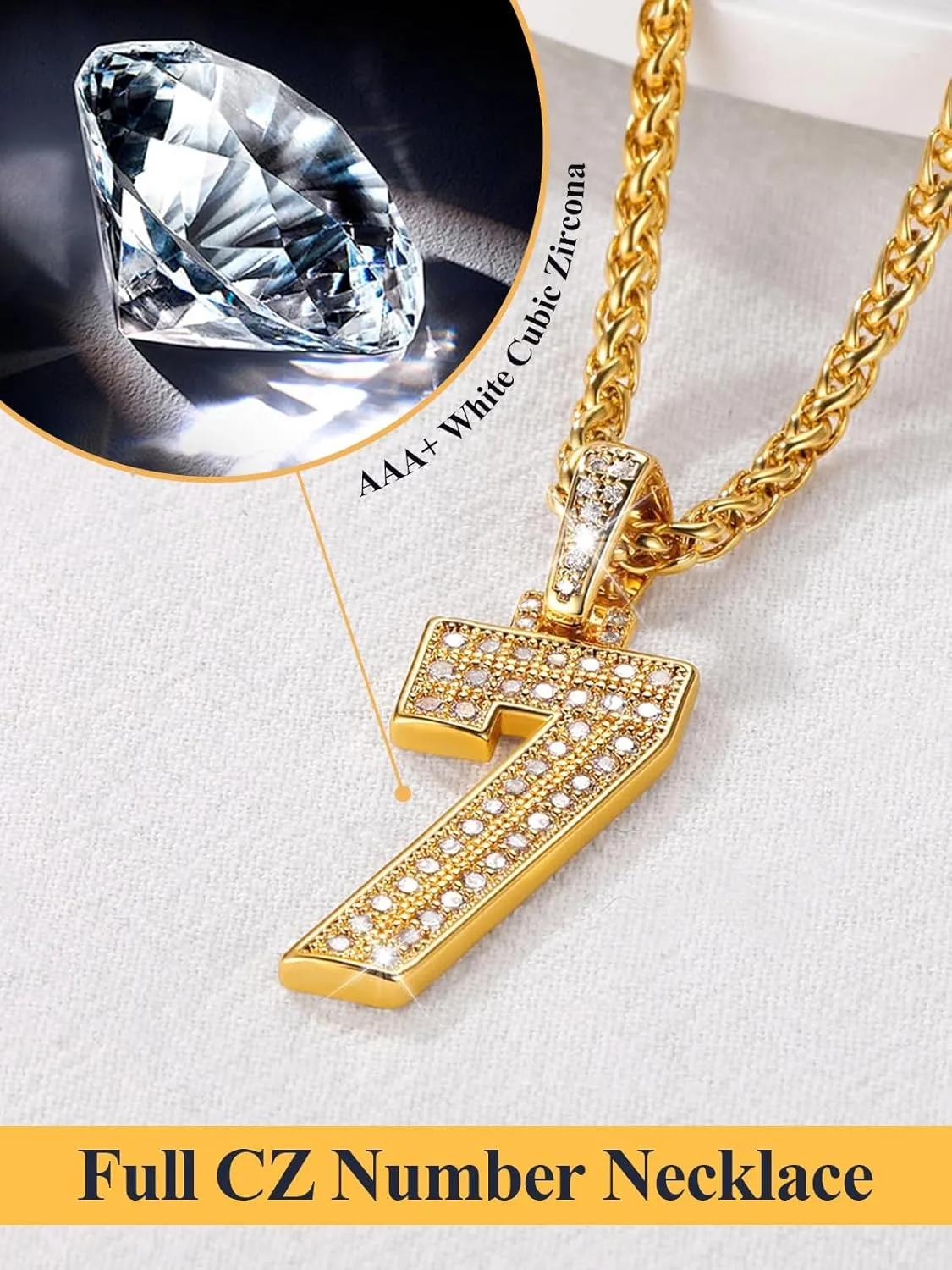 U7 Initial Number Necklace for Men Women, 18K Gold Plated Bling CZ Iced Out Hip Hop Jersey Number Pendant A-Z 26 Letter Necklace, Number 0-9 Pendants with Chain