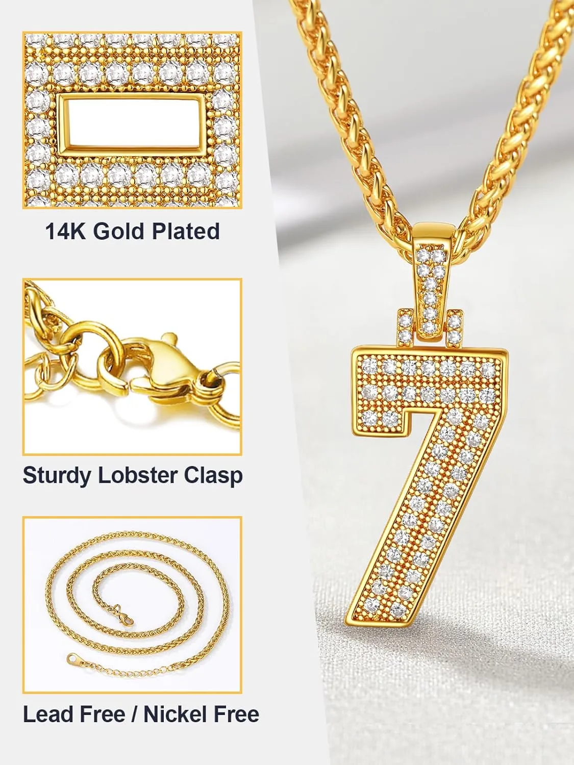 U7 Initial Number Necklace for Men Women, 18K Gold Plated Bling CZ Iced Out Hip Hop Jersey Number Pendant A-Z 26 Letter Necklace, Number 0-9 Pendants with Chain
