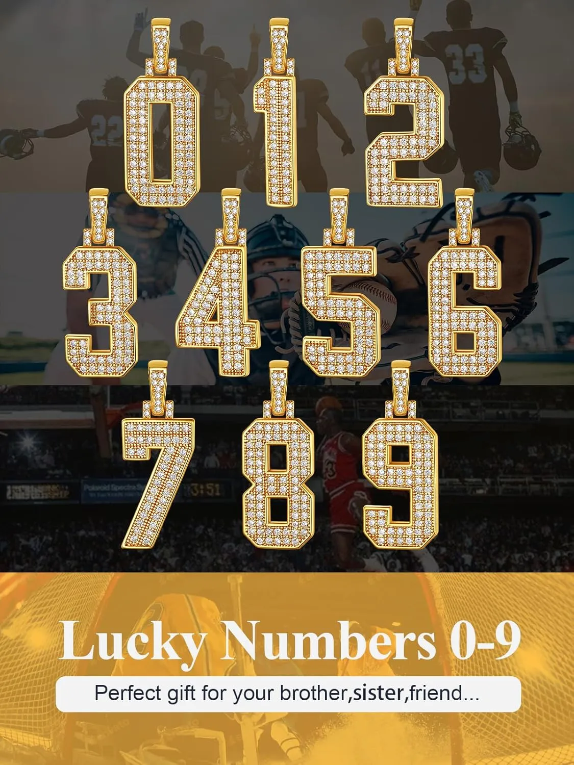 U7 Initial Number Necklace for Men Women, 18K Gold Plated Bling CZ Iced Out Hip Hop Jersey Number Pendant A-Z 26 Letter Necklace, Number 0-9 Pendants with Chain