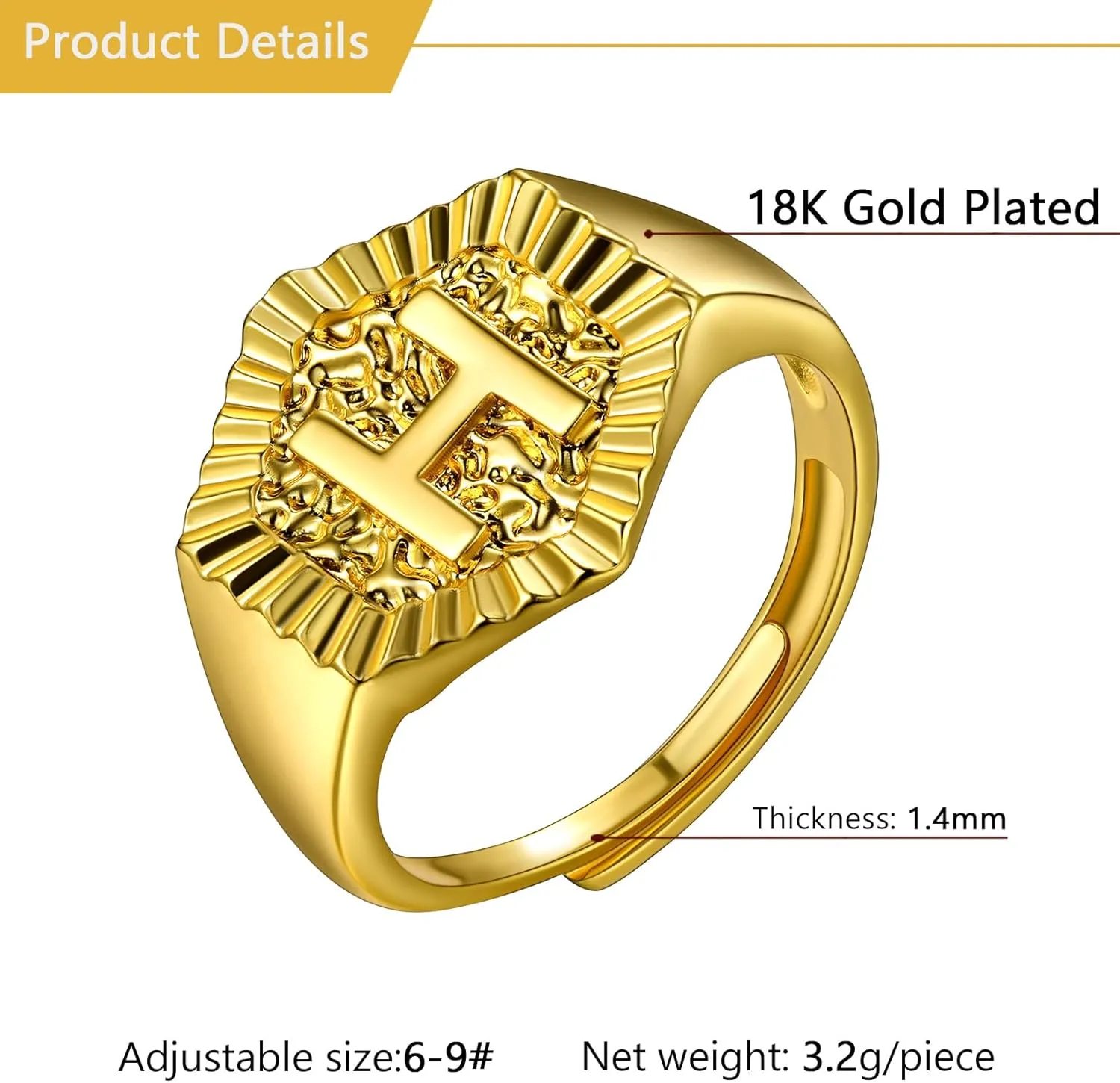 U7 Initial Ring Wedding Band for Men Women 18K Gold Plated Statement Hexagon A-Z Letter Jewelry Personalized Stackable Signet Rings
