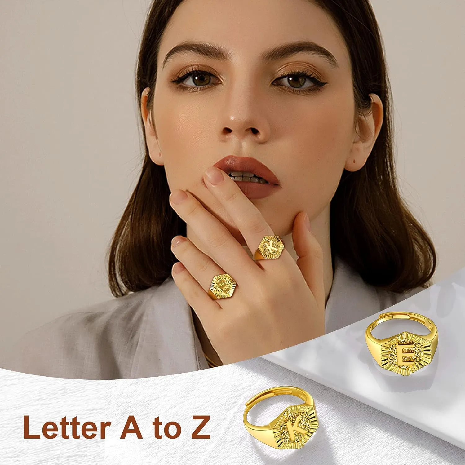 U7 Initial Ring Wedding Band for Men Women 18K Gold Plated Statement Hexagon A-Z Letter Jewelry Personalized Stackable Signet Rings