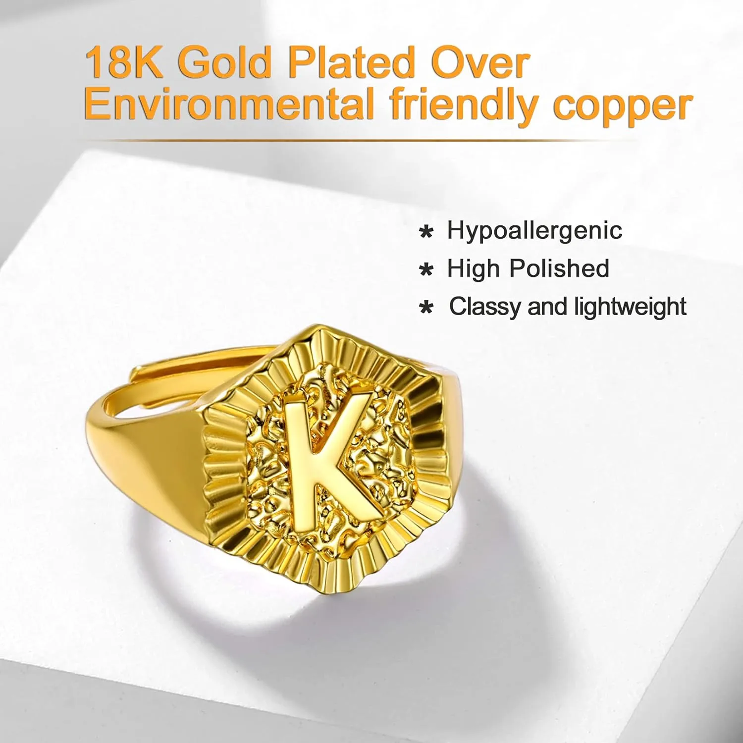 U7 Initial Ring Wedding Band for Men Women 18K Gold Plated Statement Hexagon A-Z Letter Jewelry Personalized Stackable Signet Rings
