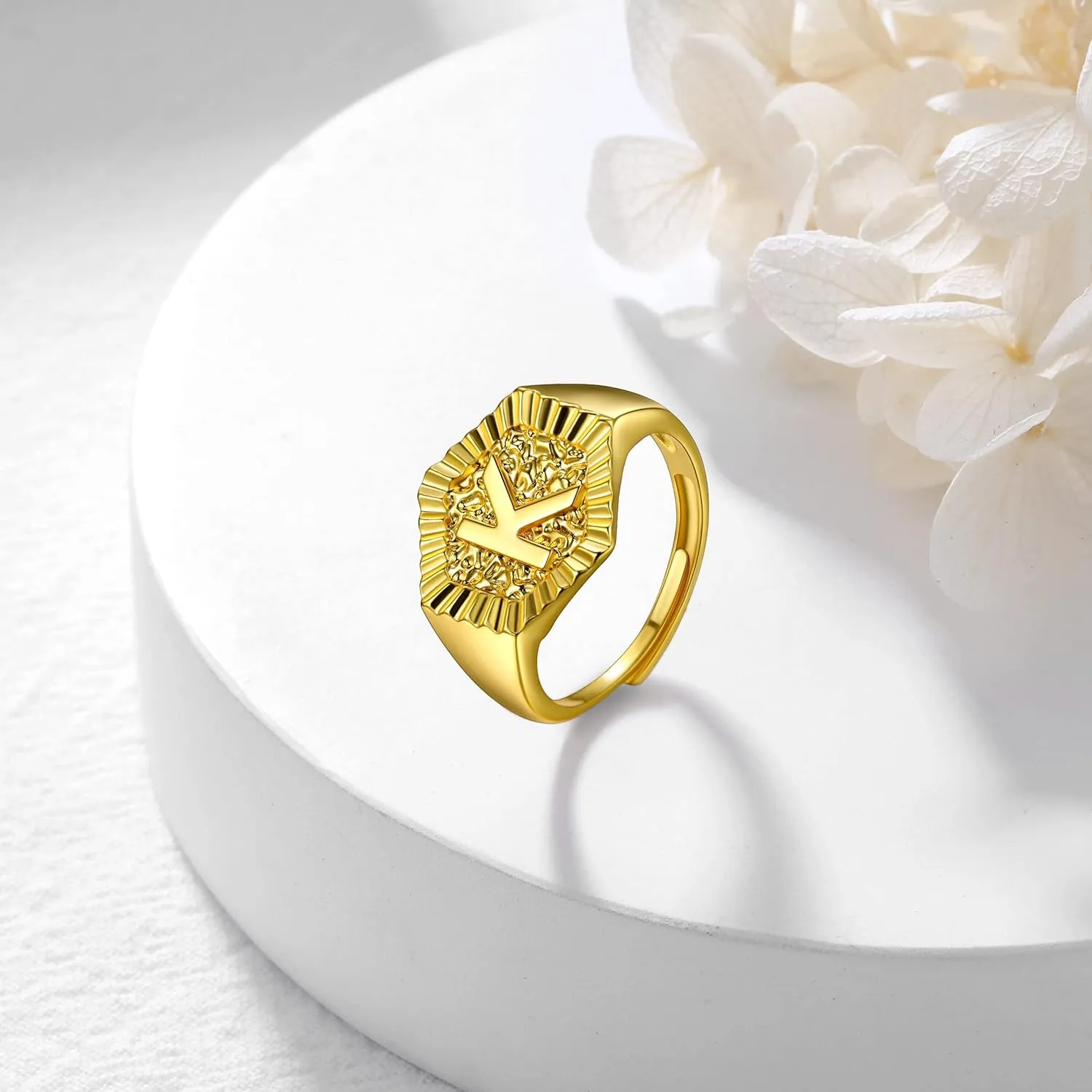 U7 Initial Ring Wedding Band for Men Women 18K Gold Plated Statement Hexagon A-Z Letter Jewelry Personalized Stackable Signet Rings