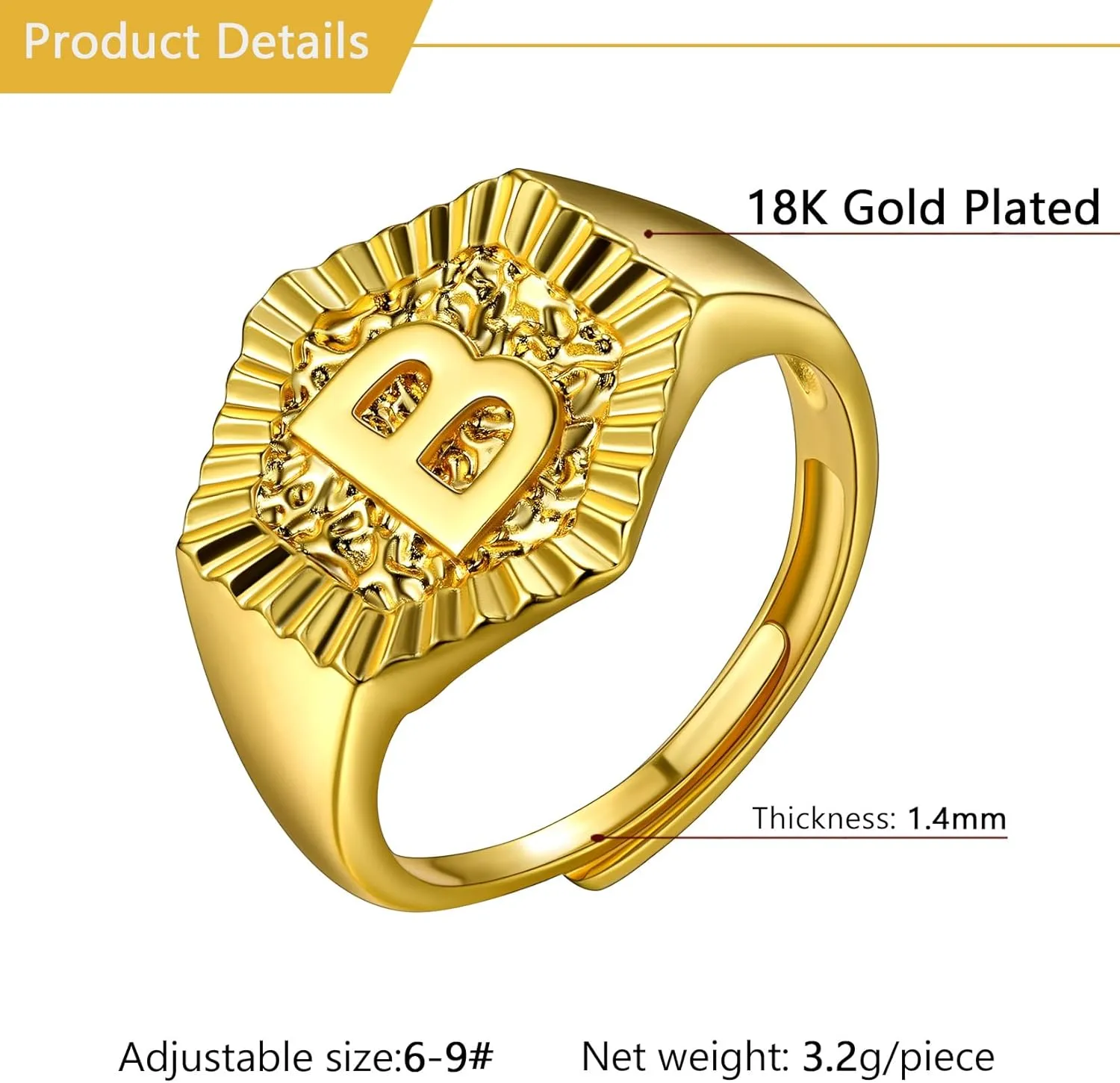 U7 Initial Ring Wedding Band for Men Women 18K Gold Plated Statement Hexagon A-Z Letter Jewelry Personalized Stackable Signet Rings