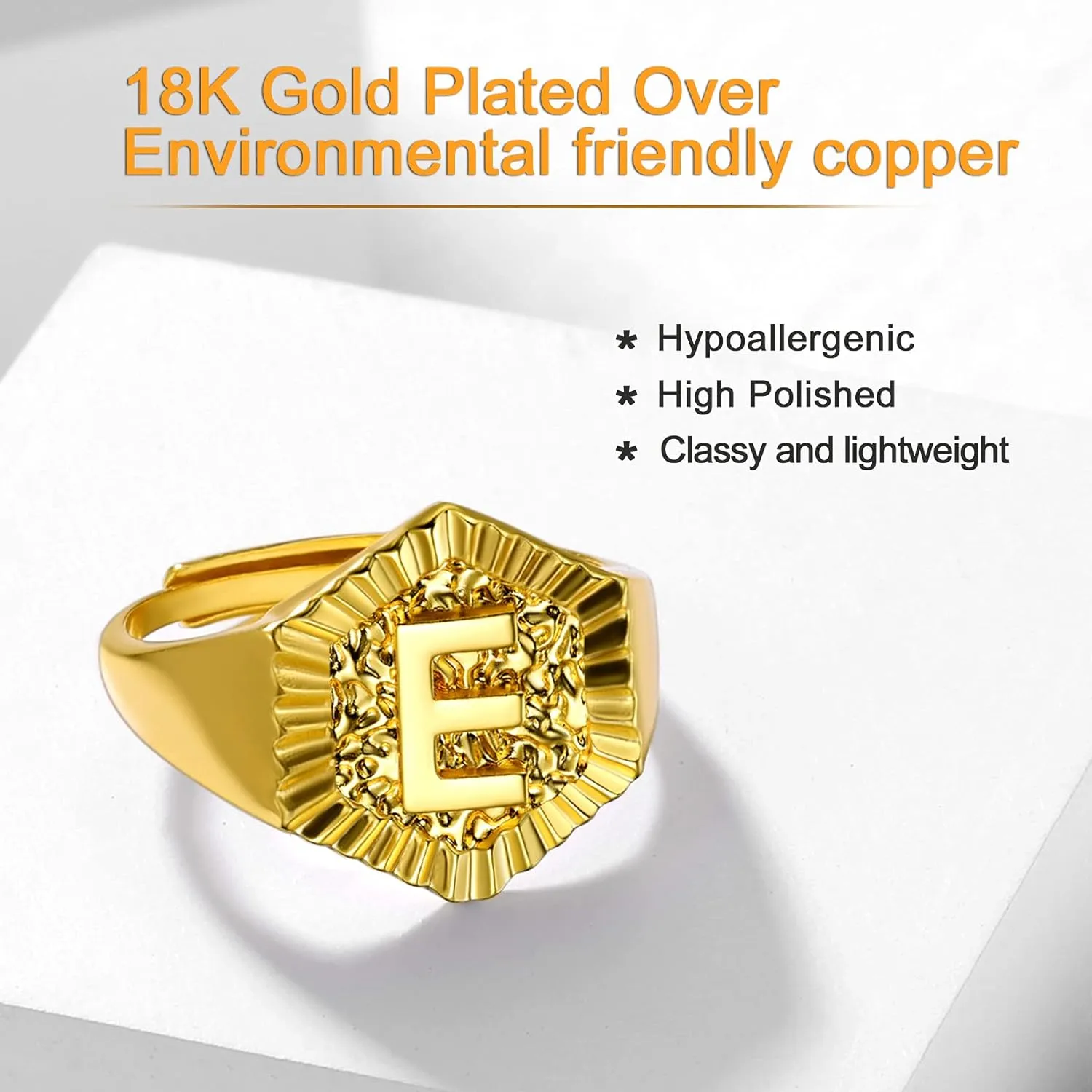 U7 Initial Ring Wedding Band for Men Women 18K Gold Plated Statement Hexagon A-Z Letter Jewelry Personalized Stackable Signet Rings