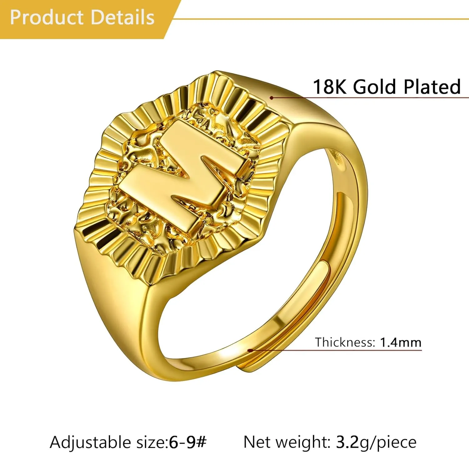 U7 Initial Ring Wedding Band for Men Women 18K Gold Plated Statement Hexagon A-Z Letter Jewelry Personalized Stackable Signet Rings