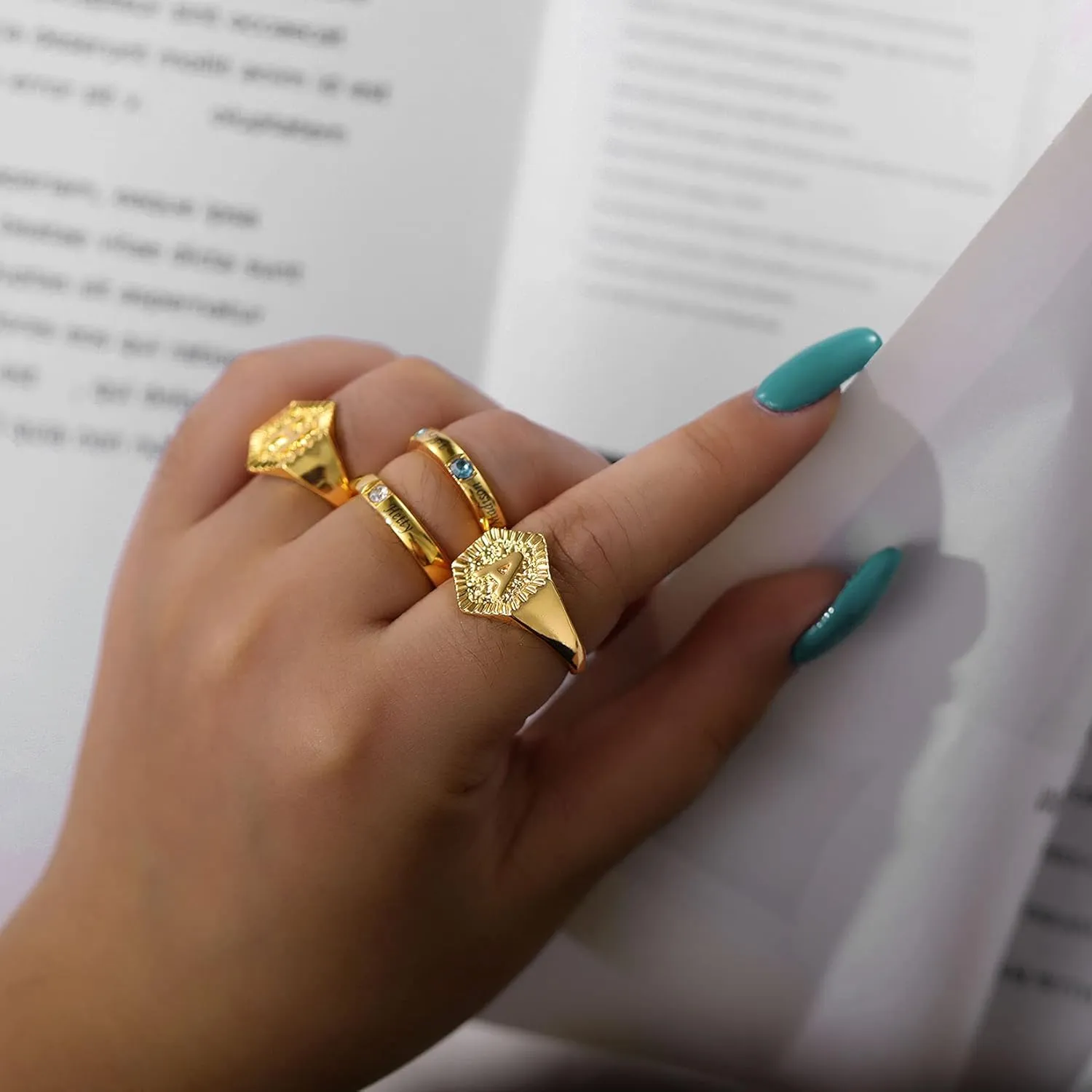 U7 Initial Ring Wedding Band for Men Women 18K Gold Plated Statement Hexagon A-Z Letter Jewelry Personalized Stackable Signet Rings