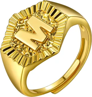 U7 Initial Ring Wedding Band for Men Women 18K Gold Plated Statement Hexagon A-Z Letter Jewelry Personalized Stackable Signet Rings