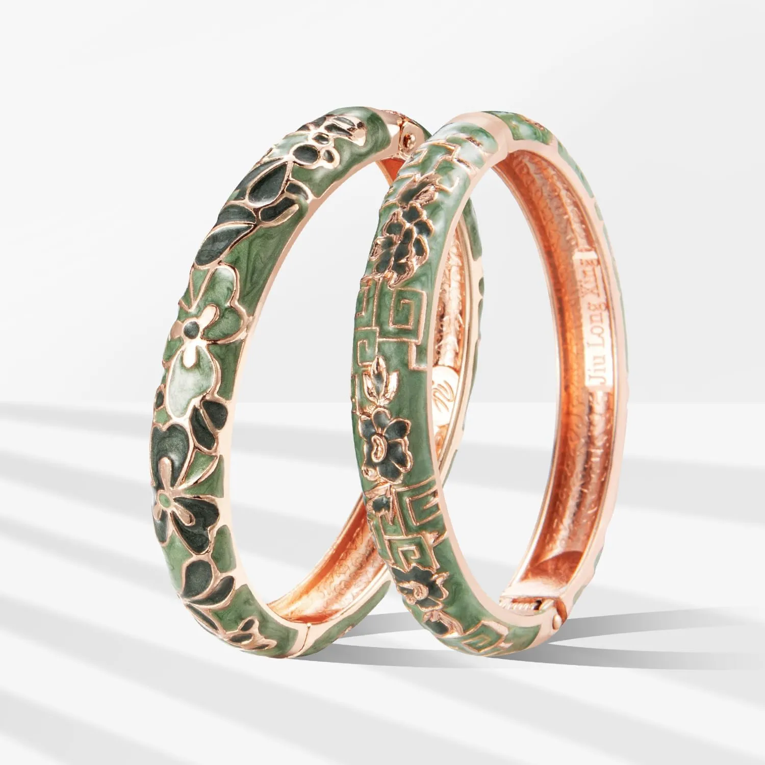 UJOY Vintage Cloisonne Bracelets Cuff Golden Metal Bangles Indian Flower Pink Enameled Jewelry Box for Women