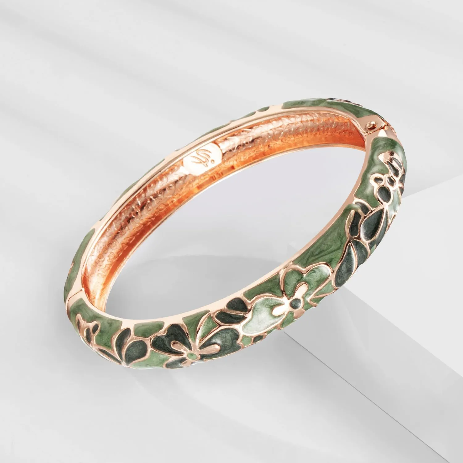 UJOY Vintage Cloisonne Bracelets Cuff Golden Metal Bangles Indian Flower Pink Enameled Jewelry Box for Women