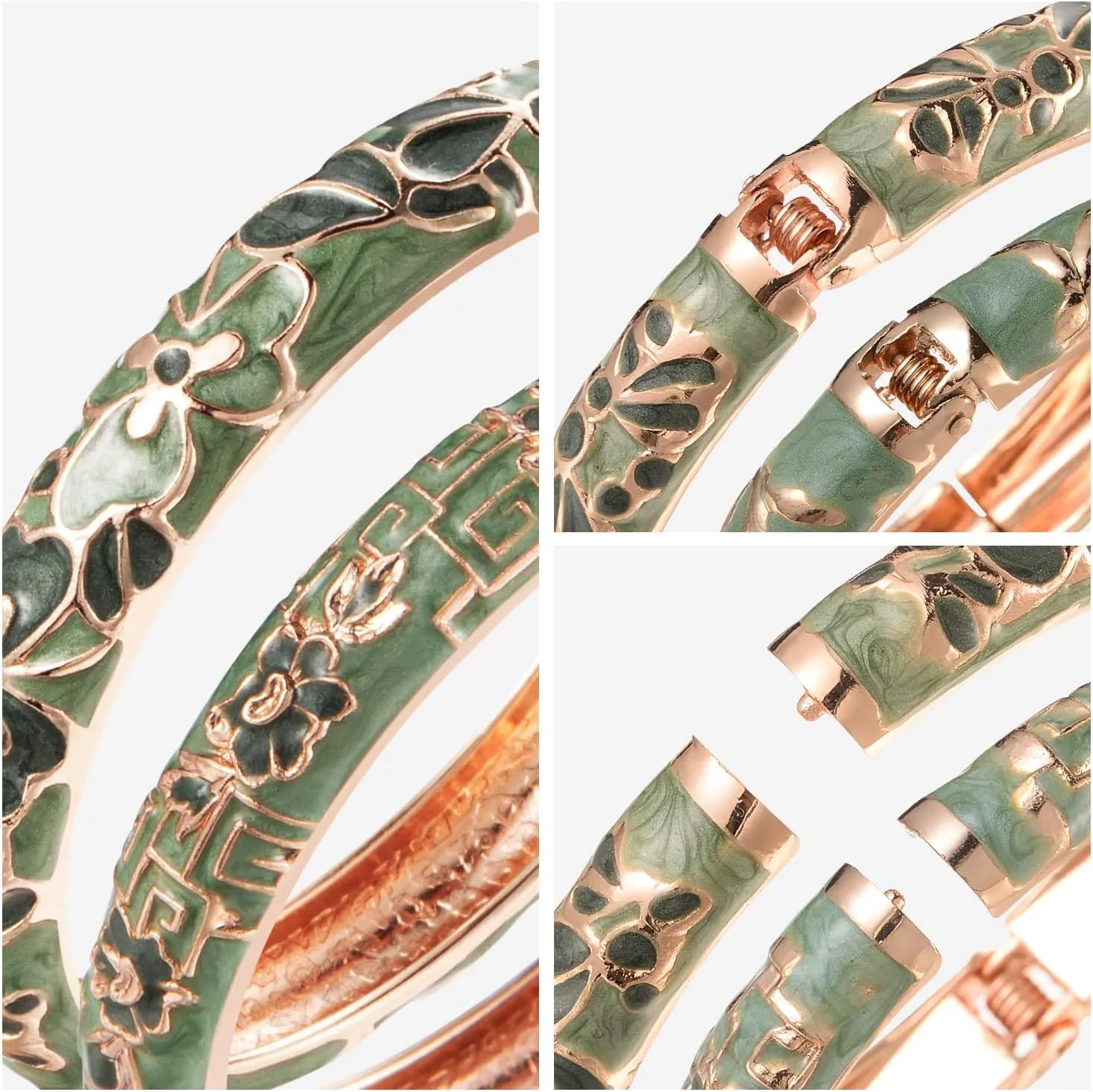 UJOY Vintage Cloisonne Bracelets Cuff Golden Metal Bangles Indian Flower Pink Enameled Jewelry Box for Women