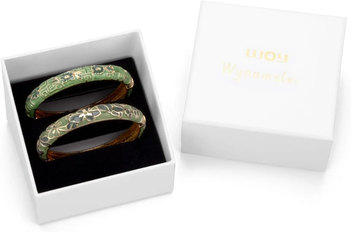 UJOY Vintage Cloisonne Bracelets Cuff Golden Metal Bangles Indian Flower Pink Enameled Jewelry Box for Women
