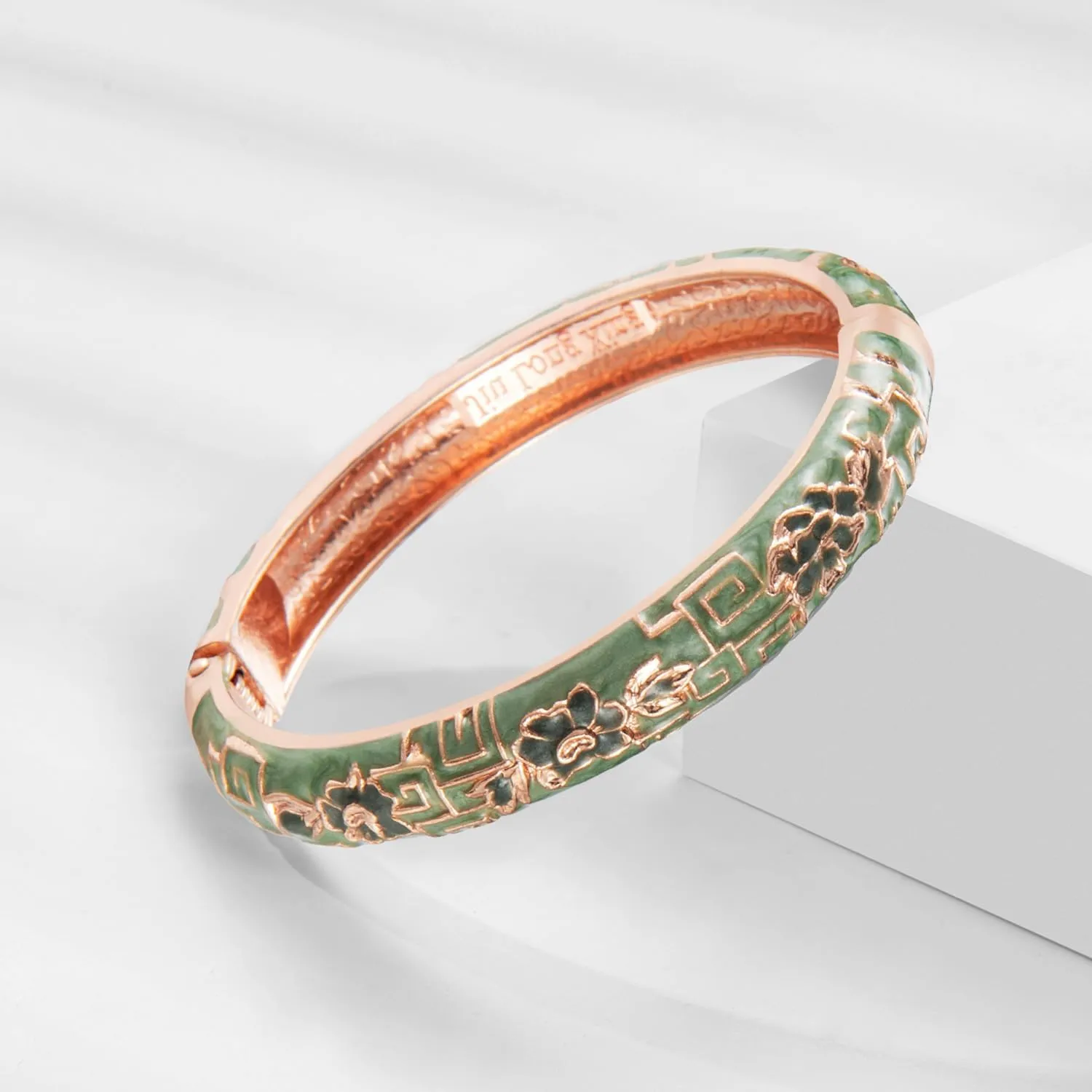 UJOY Vintage Cloisonne Bracelets Cuff Golden Metal Bangles Indian Flower Pink Enameled Jewelry Box for Women