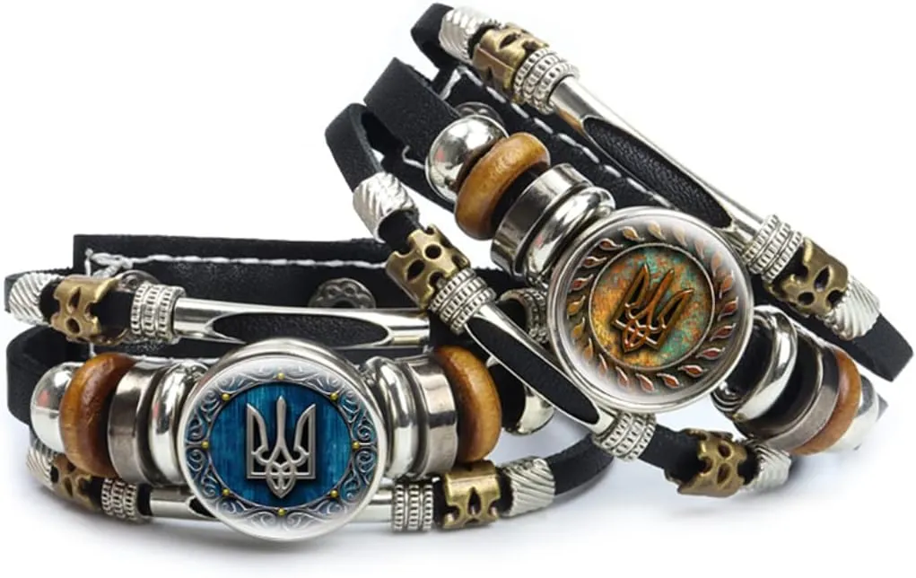 Ukrainian Bracelet - Ukraine Bracelet - Ukrainian Jewelry - Ukraine Trident - Symbol Leather Bracelets Glass Dome Snap Button Bracelet and Bangles Trident Women Men Jewelry