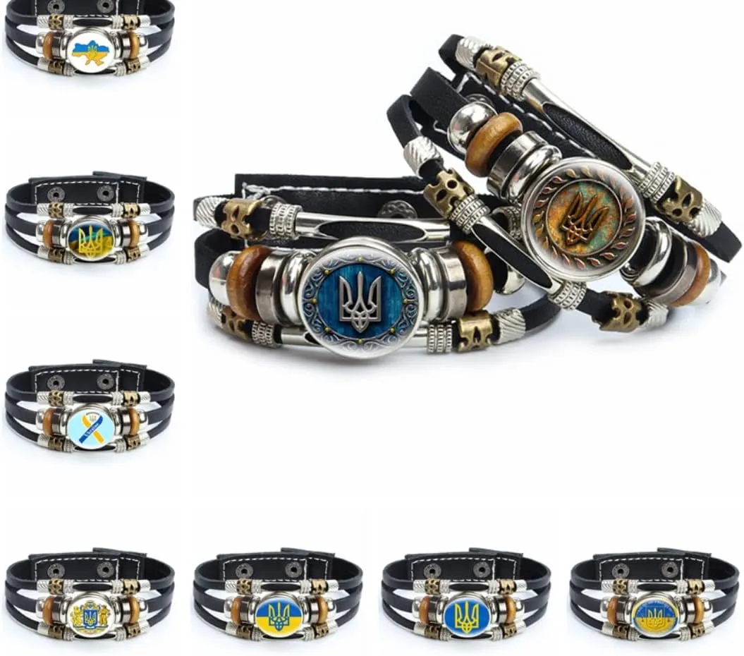 Ukrainian Bracelet - Ukraine Bracelet - Ukrainian Jewelry - Ukraine Trident - Symbol Leather Bracelets Glass Dome Snap Button Bracelet and Bangles Trident Women Men Jewelry