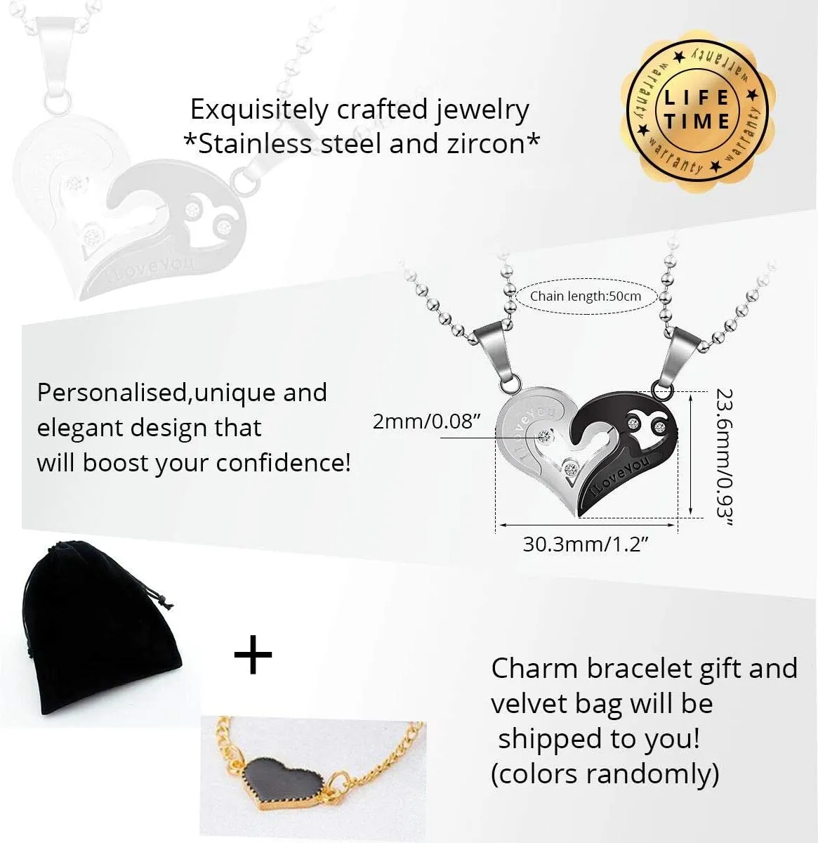 Uloveido Stainless Steel Mens Womens Couples Pendant Necklace Love Heart CZ Puzzle Matching Fashion Jewelry Gifts (9 clolors to Choose) SN102