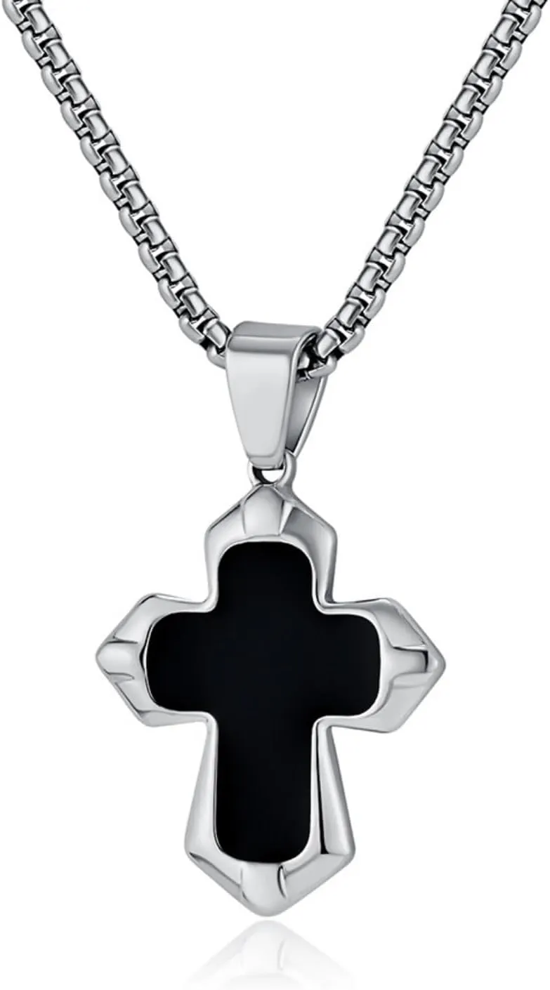 Unisex Stainless Steel Black Onyx Cross Pendant Necklace for Men Women,Titanium Steel Christian Cross Charm Jewelry Chain Necklace for Mens,Religious Jesus Christ Crucifix Cross Necklaces,24inch Chain
