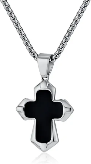 Unisex Stainless Steel Black Onyx Cross Pendant Necklace for Men Women,Titanium Steel Christian Cross Charm Jewelry Chain Necklace for Mens,Religious Jesus Christ Crucifix Cross Necklaces,24inch Chain