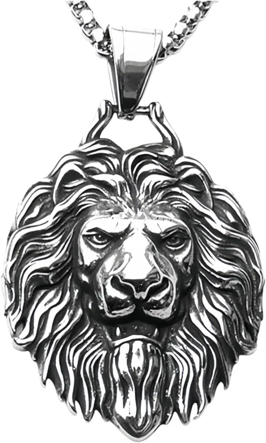Unisex Stainless Steel Lion Head Pendant Necklace for Men Women,Titanium Steel King Lion Charm Jewelry Chain Necklace for Mens,Viking King Lion Protection Amulet Necklaces,24inch Chain
