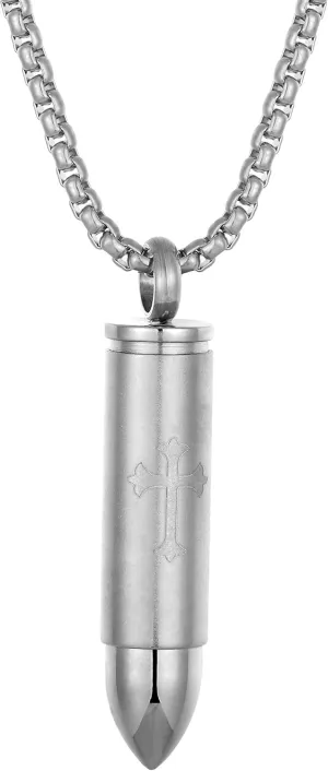 Urban Jewelry Striking Mens Bullet Locket Necklace  Detailed with the Lords Cross in a Polished Gold, Silver or Black Finish  Rust & Discoloration Resistant Stainless Steel Pendant and Chain