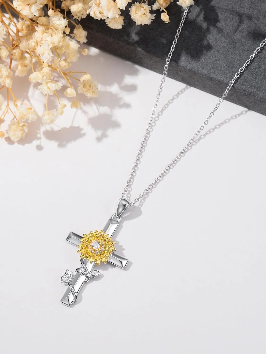 Valentine's Day Gift 925 Sterling Silver Womens Butterfly Cross/Sunflower Cross Necklace Rose Heart/Tree of Life/Compass Pendants Necklace with Birthstone Jewelry Gift for Wife Mom
