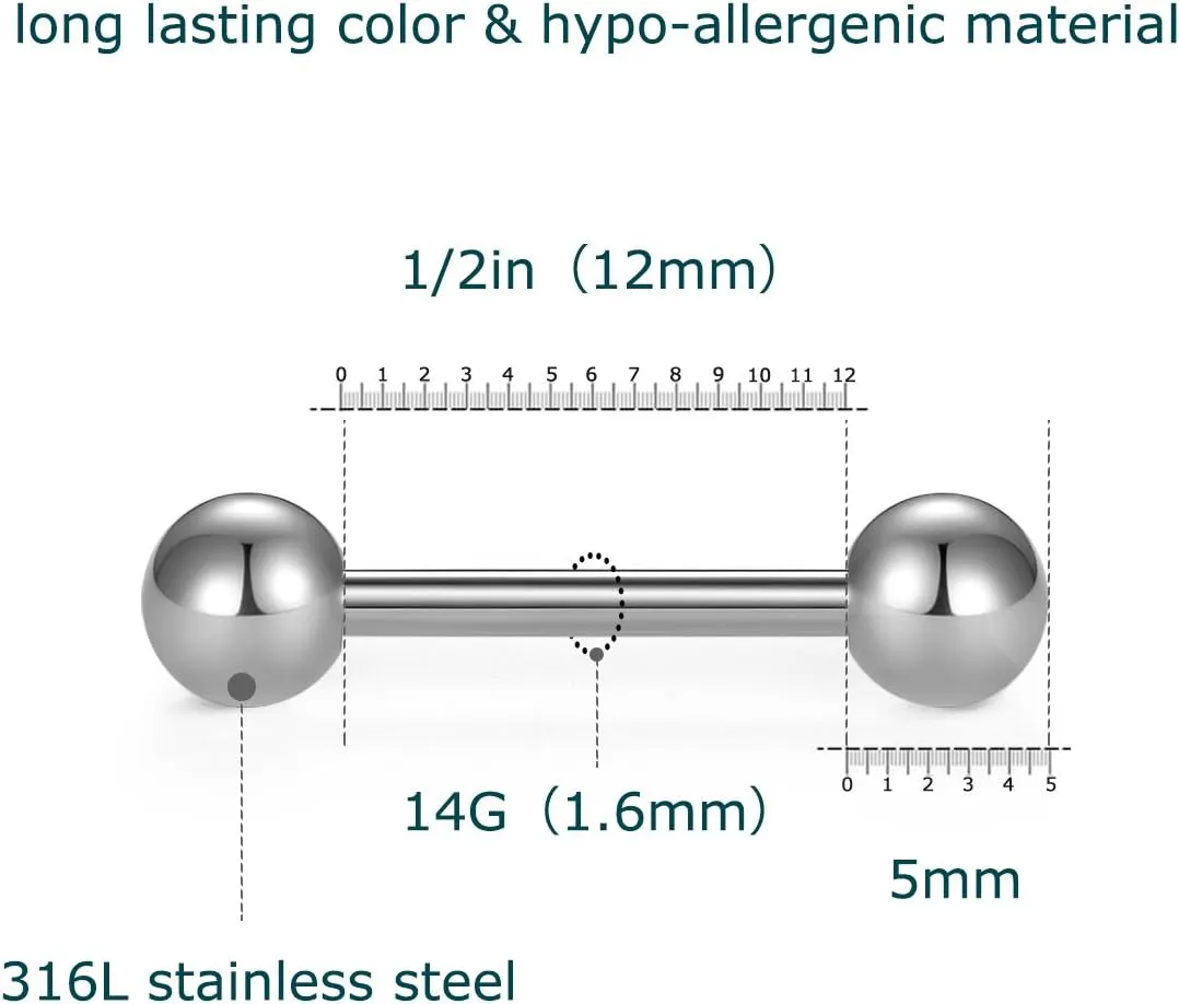 VCMART 12mm-18mm 14G Tongue Rings Nipple Straight Barbells Surgical Steel Body Piercing Jewelry