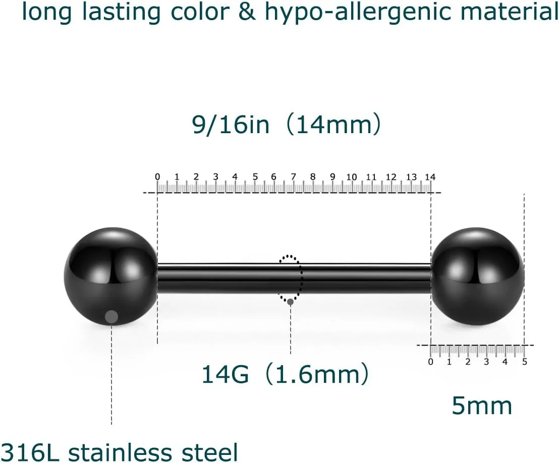 VCMART 12mm-18mm 14G Tongue Rings Nipple Straight Barbells Surgical Steel Body Piercing Jewelry