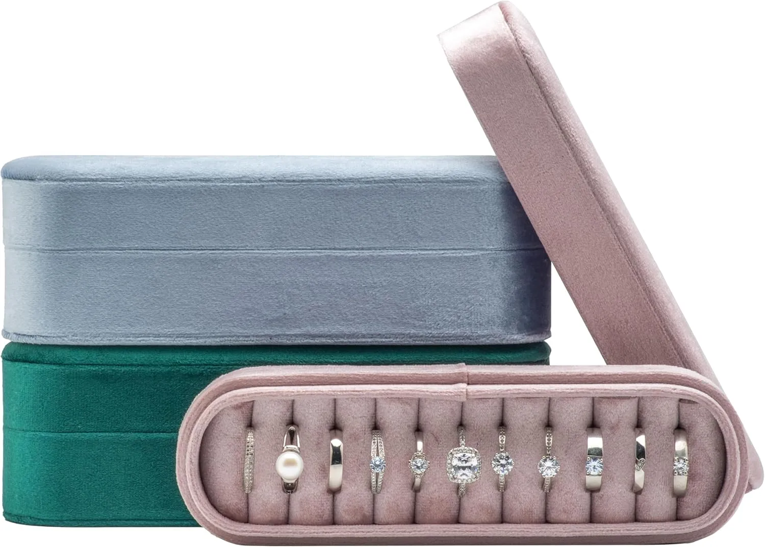 Velvet Small Multiple Ring Box Portable Organizer Display Storage Travel Case Jewelry Earring Holder for Wedding Birthday Christmas Day (Pink)