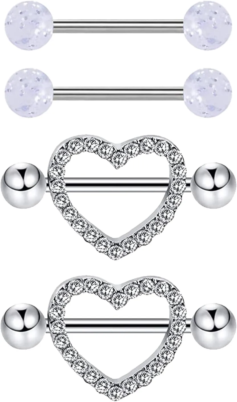 VERAMI 14G Stainless Steel Heart Nipple Rings and Barbell - Butterfly, Starlight Acrylic Ball, Tongue Rings for Women and Men