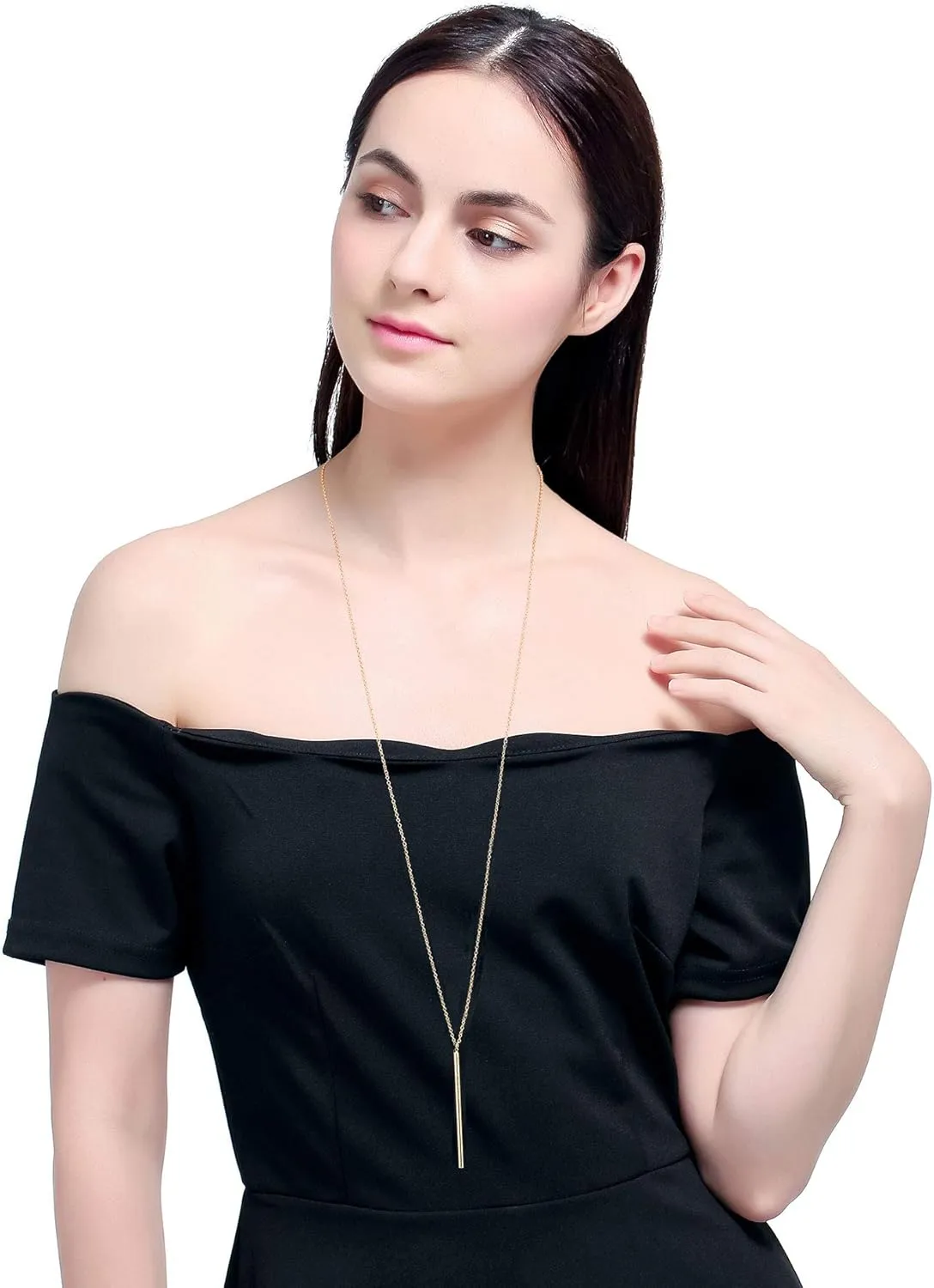 Vertical Bar Pendant Necklace Earrings - Simple Long lariat Chain Minimalist Dangle Earrings for Women 2.4" Pendant 35" Chain 2'' Drop