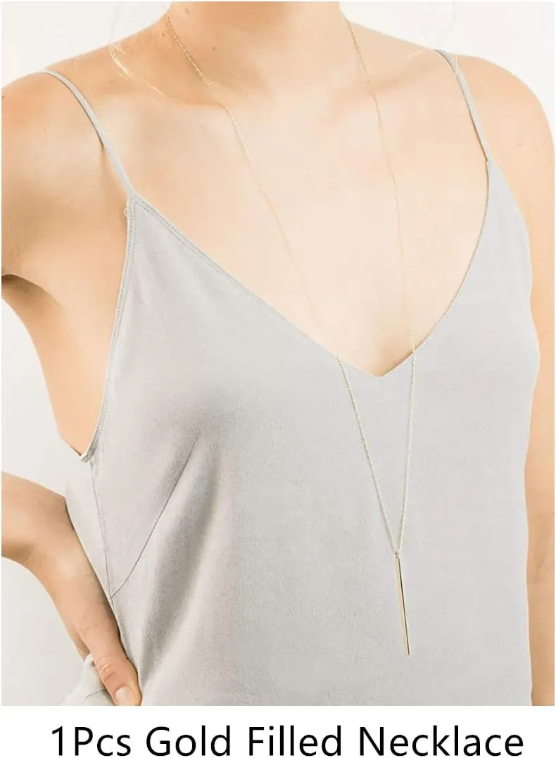 Vertical Bar Pendant Necklace Earrings - Simple Long lariat Chain Minimalist Dangle Earrings for Women 2.4" Pendant 35" Chain 2'' Drop