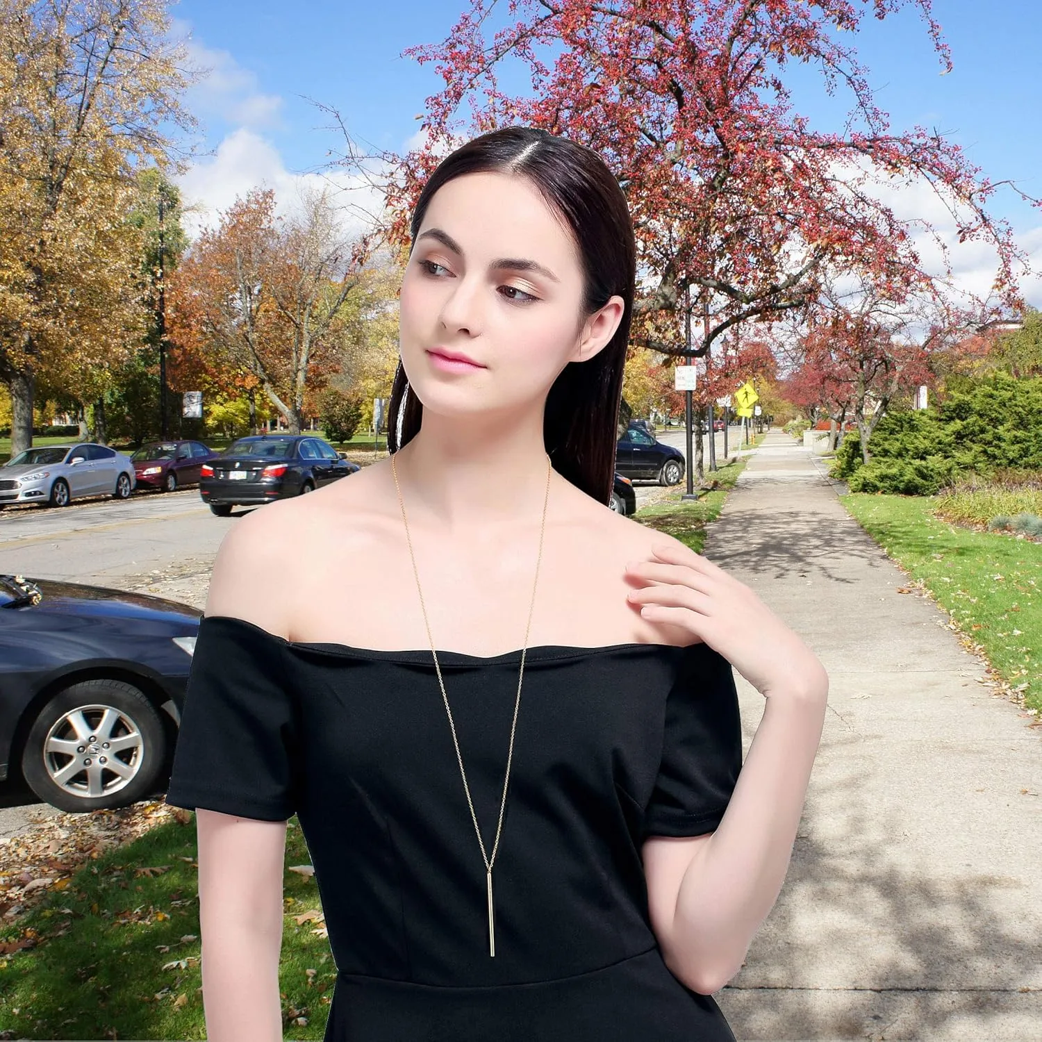 Vertical Bar Pendant Necklace Earrings - Simple Long lariat Chain Minimalist Dangle Earrings for Women 2.4" Pendant 35" Chain 2'' Drop