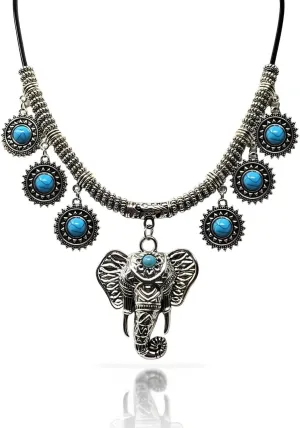 Vintage Bohemian Silver Elephant Pendant Turquoise Necklace for Women - Ethnic Chunky Statement Jewelry with Adjustable Chain - Western Style Holiday & Streetwear