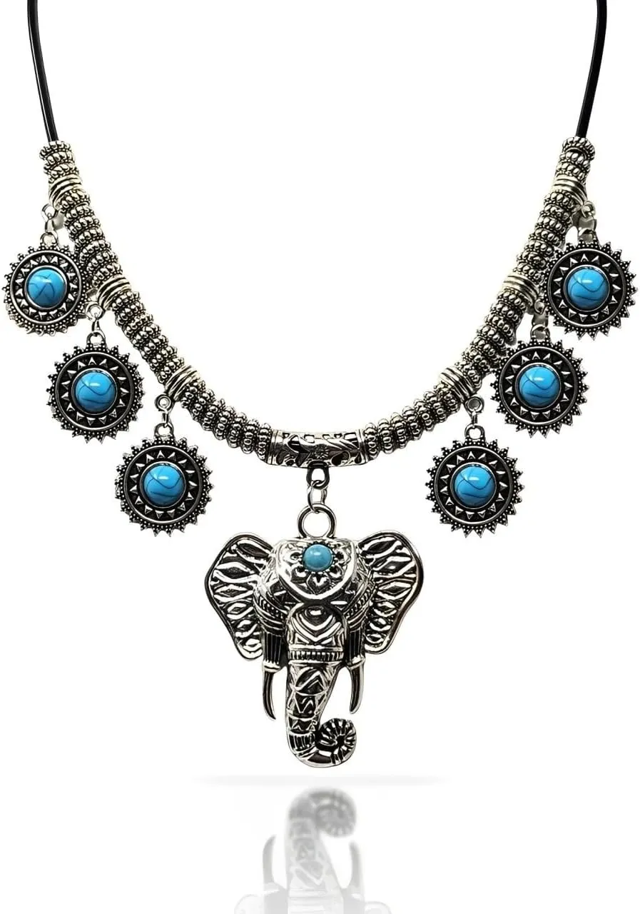 Vintage Bohemian Silver Elephant Pendant Turquoise Necklace for Women - Ethnic Chunky Statement Jewelry with Adjustable Chain - Western Style Holiday & Streetwear