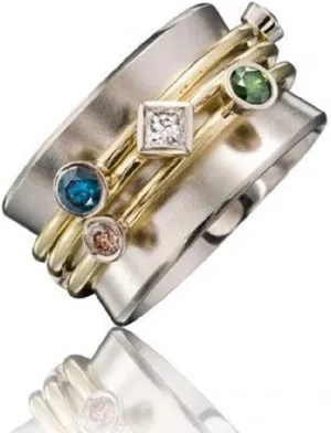 Vintage Colorful Cubic Zirconia Ring Natural Rotating Ring Spinner Anxiety Rings Silver Chunky Boho Wide Band Statement Rings Jewelry Gifts for Women