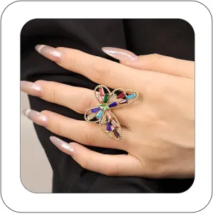 Vintage Crystal Big Heart-Shaped Ring for Women Multi Color Rhinestone Butterfly Adjustable Ring Thick Heart Gold Statement Ring Jewelry for Bridal Wedding Party