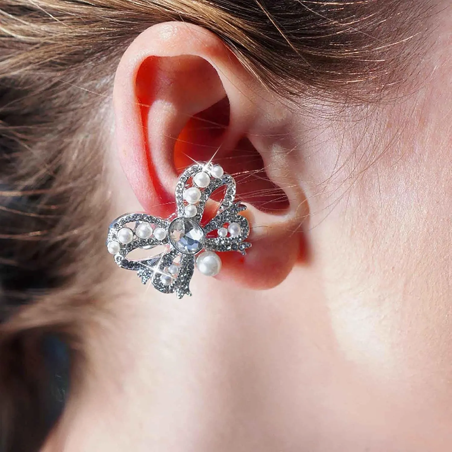 Vintage Crystal Bow Ear Cuff Earrings Cz Bow Cuff Wrap Earrings Pearl Bow Ear Crawler Cuff Earrings Bow Cartilage Cuff Earrings Silver No Piercing Earrings Jewelry for Women(Left)