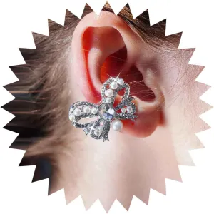 Vintage Crystal Bow Ear Cuff Earrings Cz Bow Cuff Wrap Earrings Pearl Bow Ear Crawler Cuff Earrings Bow Cartilage Cuff Earrings Silver No Piercing Earrings Jewelry for Women(Left)