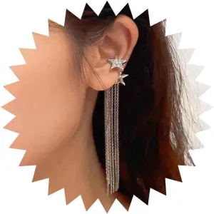 Vintage Crystal Star Ear Cuff Earrings Cz Star Cuff Wrap Earrings Long Chain Tassel Cuff Earrings Silver Star Cuff Chain Fringe Earrings Rhinestone Star Ear Crawler Chain Cuff Earrings