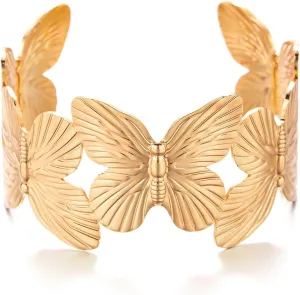 Vintage Flower Butterfly Bracelet Chunky Gold Cuff Bracelets for Women Wide Open Cuff Bangles Statement Bracelet Jewelry Hollow Wide Cuff Bracelet