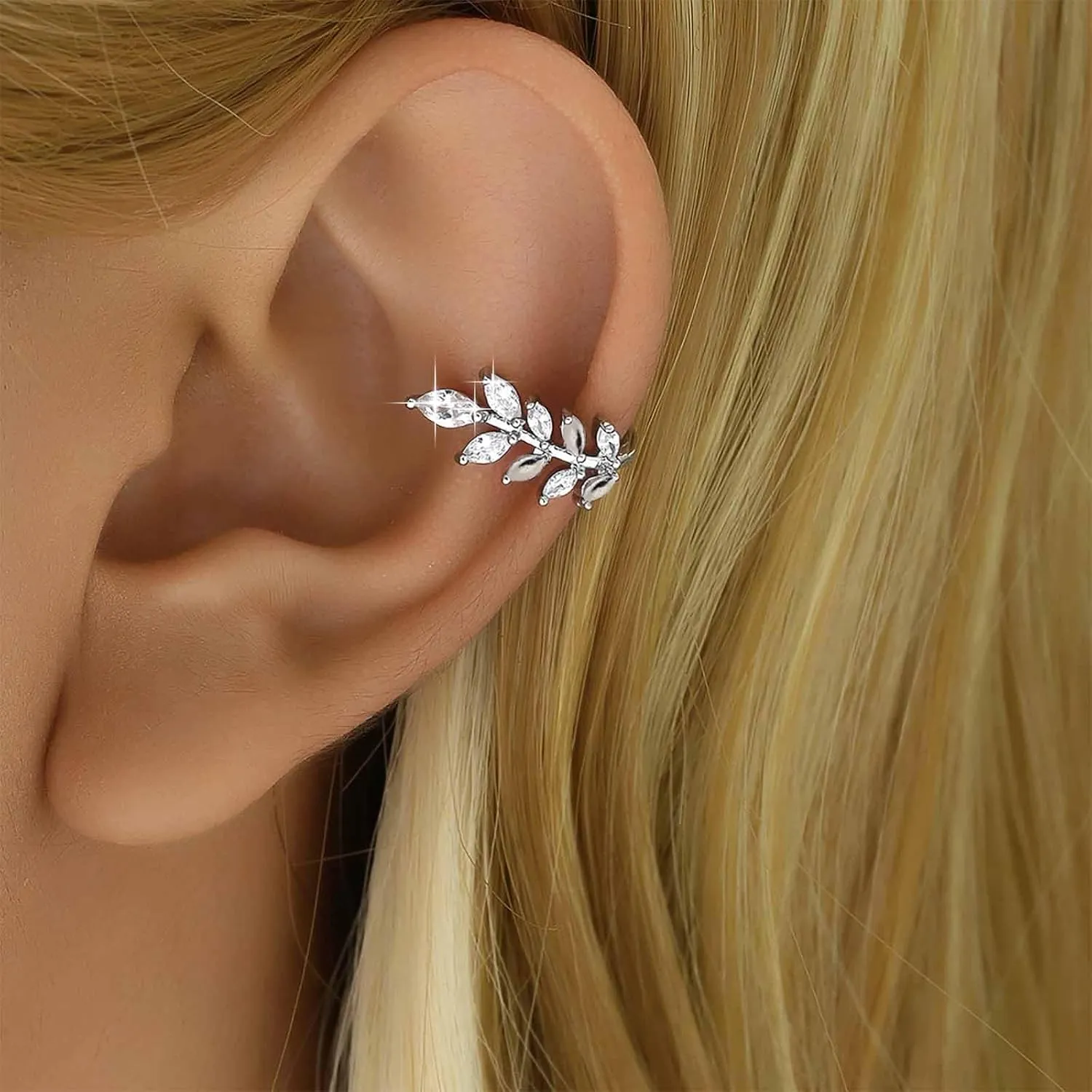 Vintage Gold Olive Leaf Earrings Crystal Ear Cuff Earrings Leaves Climber Crawler Earring Cz Cuff Wrap Earring No Piercing Jewelry for Women