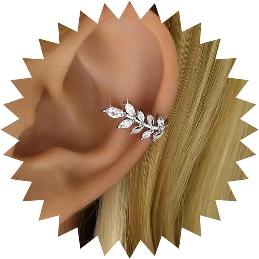 Vintage Gold Olive Leaf Earrings Crystal Ear Cuff Earrings Leaves Climber Crawler Earring Cz Cuff Wrap Earring No Piercing Jewelry for Women