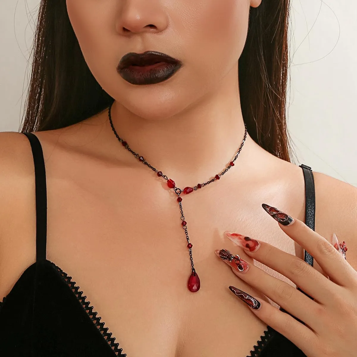 Vintage Gothic Blood Drop Tassel Pendant Necklace for Women Gothic Blood Drop Y Shaped Necklace Vampire Halloween Jewelry