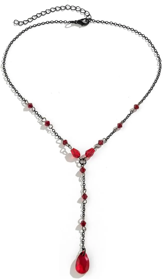 Vintage Gothic Blood Drop Tassel Pendant Necklace for Women Gothic Blood Drop Y Shaped Necklace Vampire Halloween Jewelry