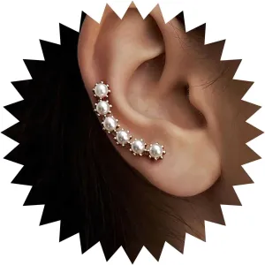 Vintage Pearl Ear Climber Earrings Pearl Ear Cuff Gold Bridal Earrings Crawler Curved Stud Jewelry for Women